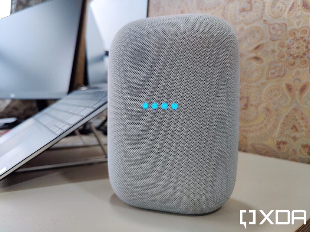 Google-Nest-Audio-XDA-Chalk-on-table-blue-led